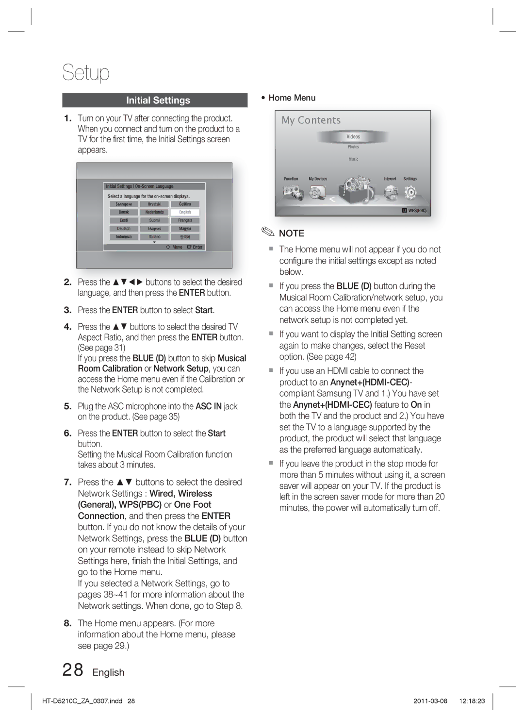 Samsung HT-D5210C user manual Setup, My Contents 