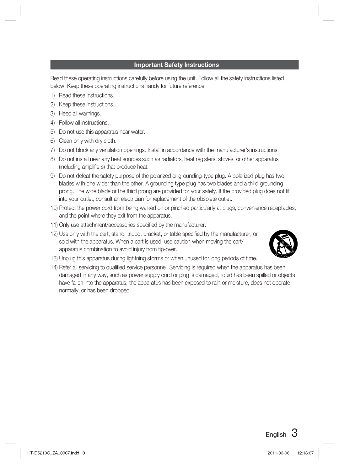 Samsung HT-D5210C user manual Important Safety Instructions 