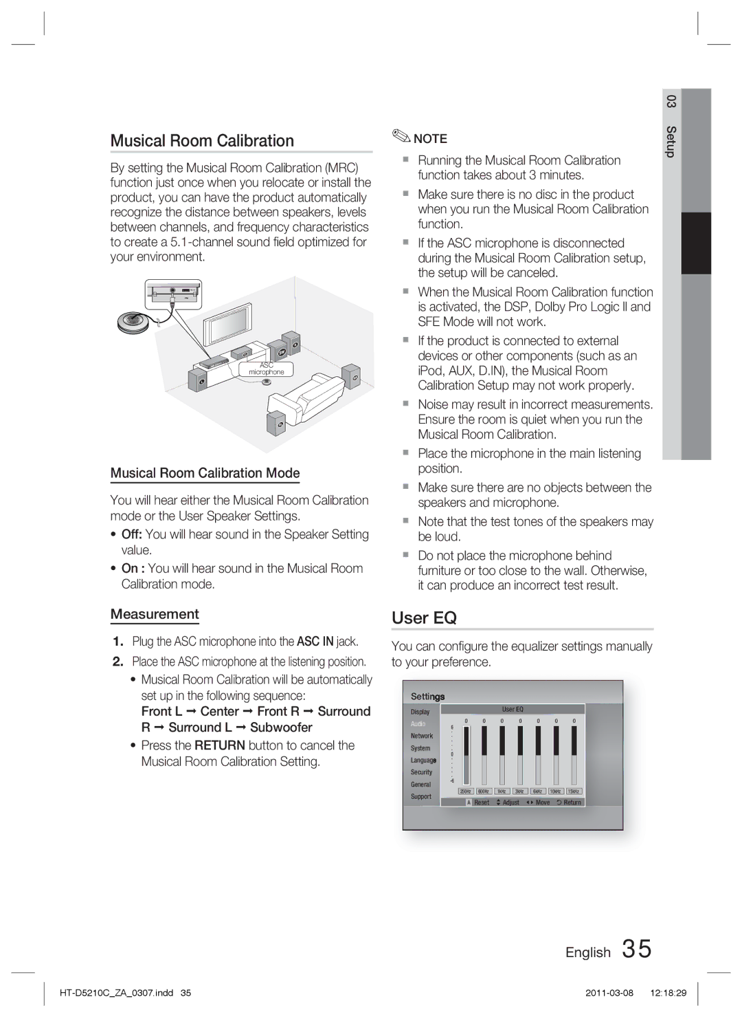 Samsung HT-D5210C User EQ, Musical Room Calibration Mode, Measurement, Plug the ASC microphone into the ASC in jack 