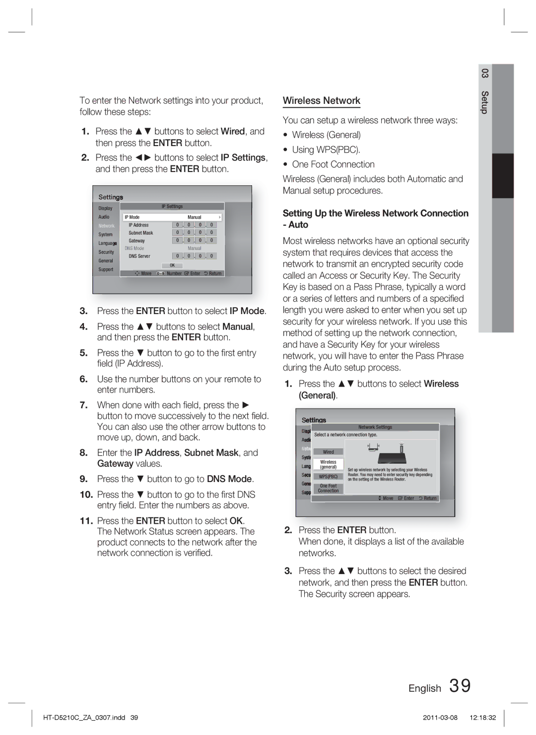 Samsung HT-D5210C user manual Wireless Network, Press the Enter button to select IP Mode 