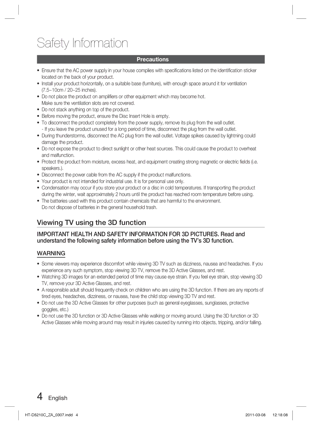 Samsung HT-D5210C user manual Viewing TV using the 3D function, Precautions 