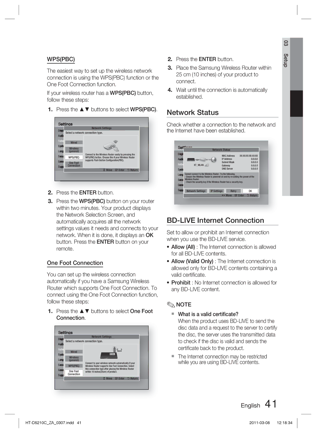 Samsung HT-D5210C user manual Network Status, BD-LIVE Internet Connection, One Foot Connection, Press the Enter button 