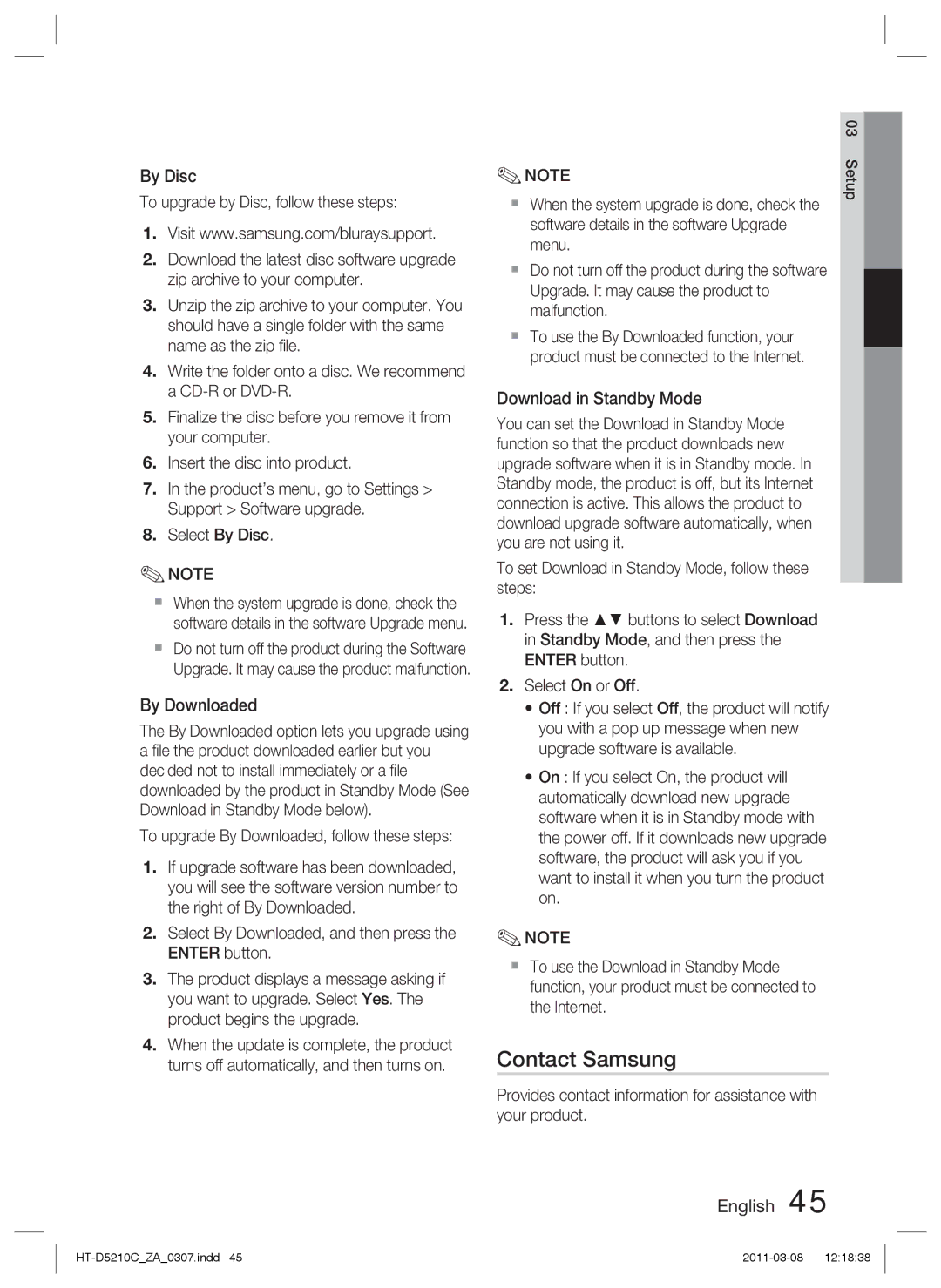 Samsung HT-D5210C user manual Contact Samsung, By Disc, By Downloaded, Download in Standby Mode 