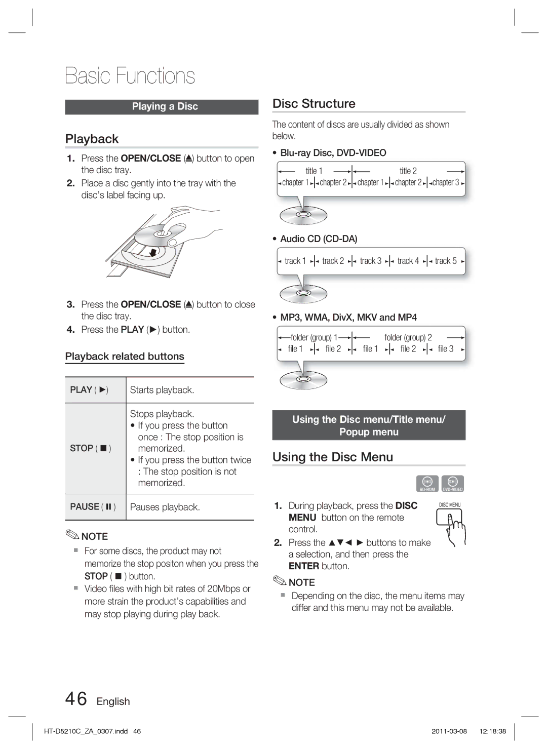 Samsung HT-D5210C user manual Basic Functions, Playback, Disc Structure, Using the Disc Menu 