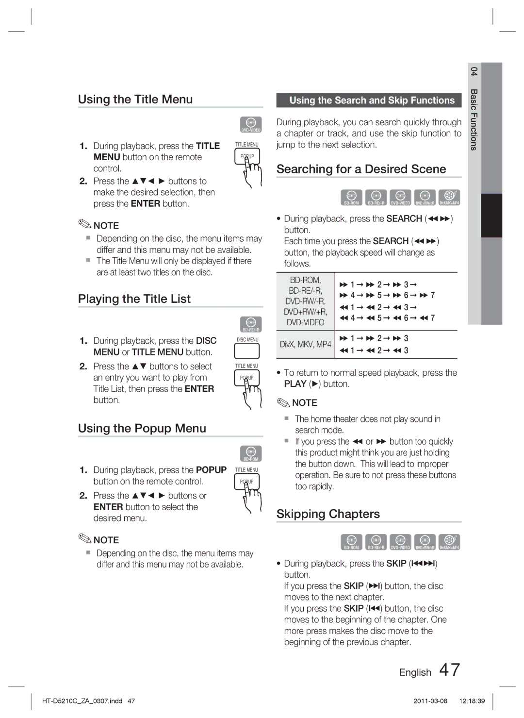 Samsung HT-D5210C Using the Title Menu, Searching for a Desired Scene, Playing the Title List, Using the Popup Menu 