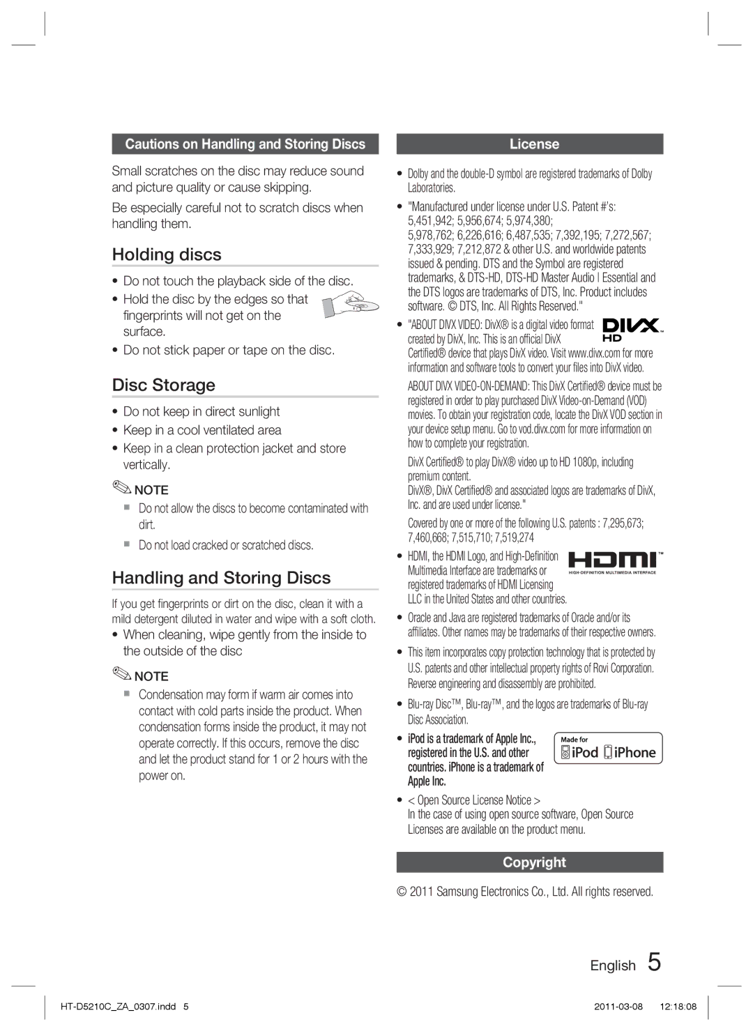 Samsung HT-D5210C user manual Holding discs, Disc Storage, Handling and Storing Discs, License, Copyright 