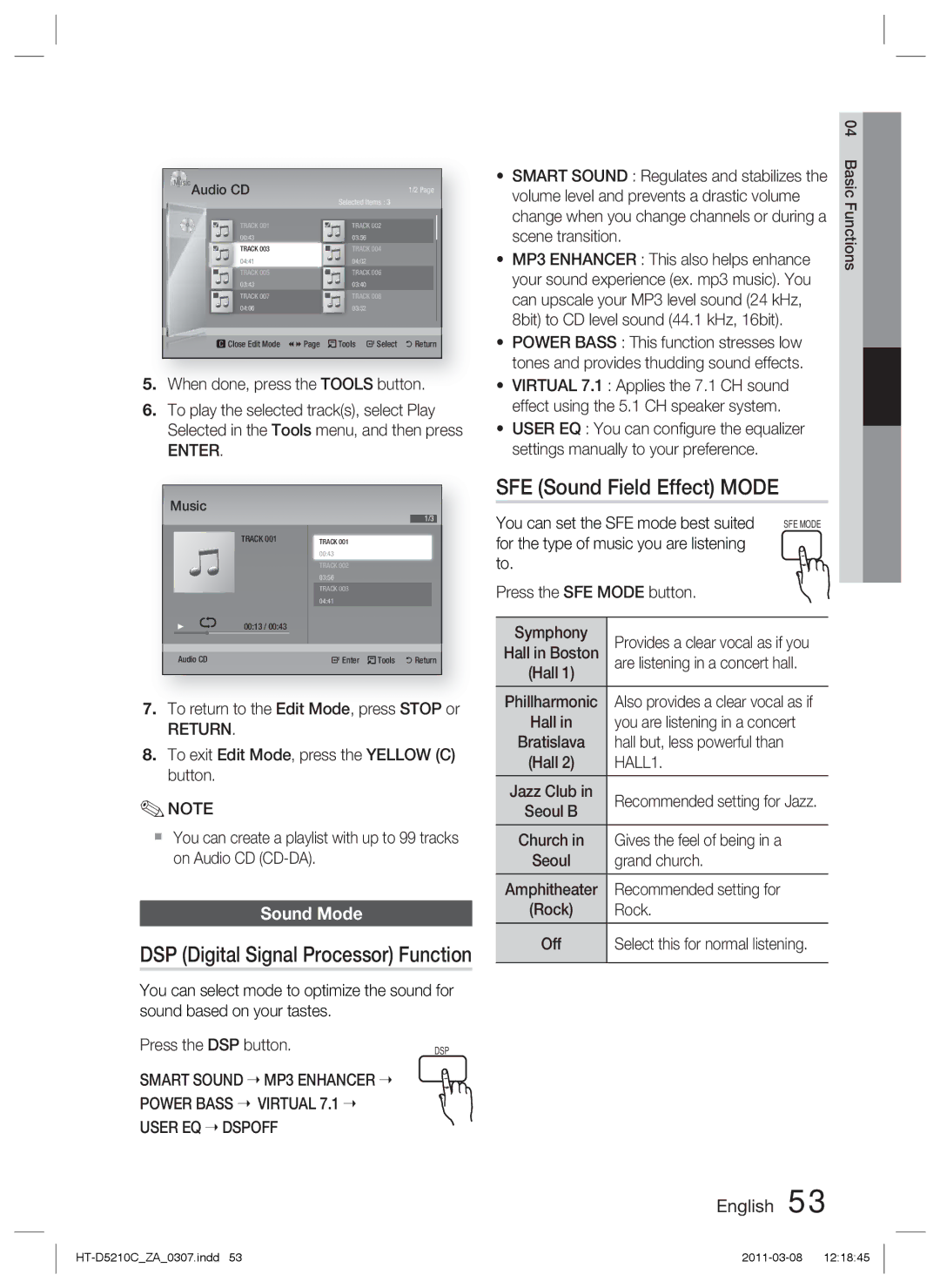 Samsung HT-D5210C user manual SFE Sound Field Effect Mode, Sound Mode 