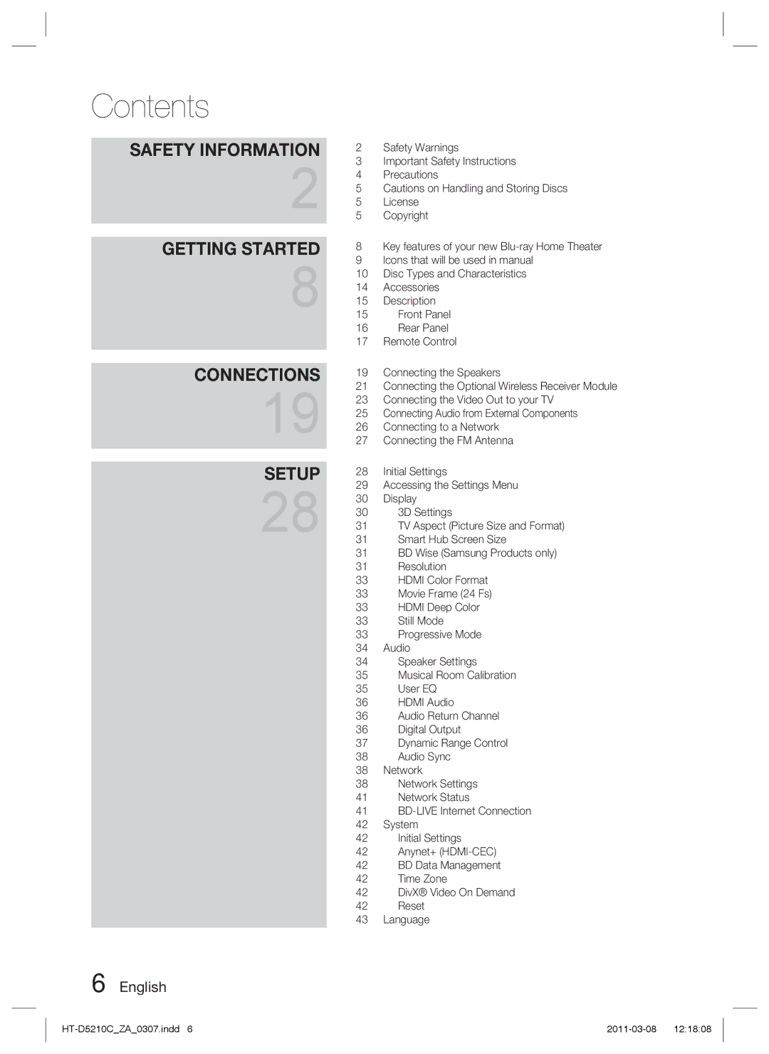 Samsung HT-D5210C user manual Contents 