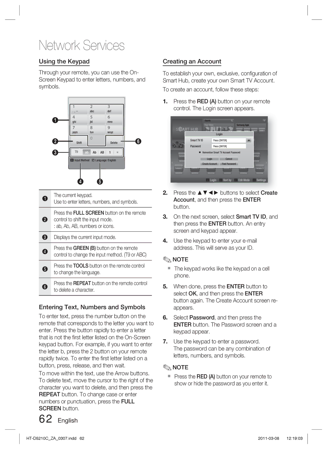 Samsung HT-D5210C Using the Keypad, Entering Text, Numbers and Symbols, English Creating an Account, Current keypad 