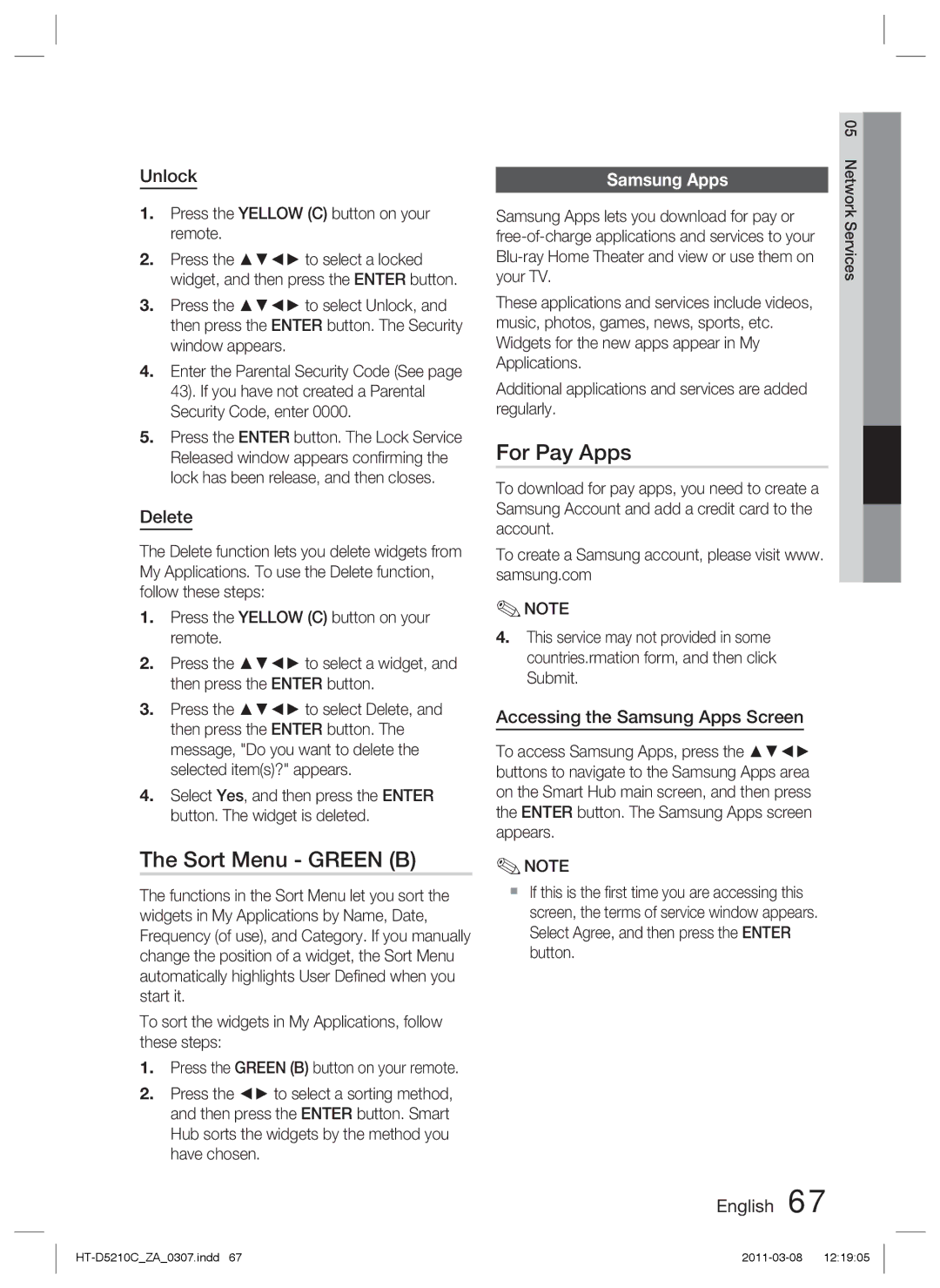 Samsung HT-D5210C user manual Sort Menu Green B, For Pay Apps, Samsung Apps 