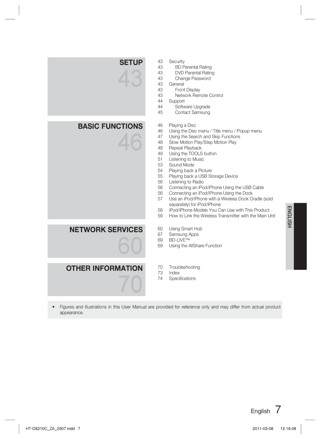 Samsung HT-D5210C Security, BD Parental Rating, DVD Parental Rating, Change Password, General, Front Display, Support 