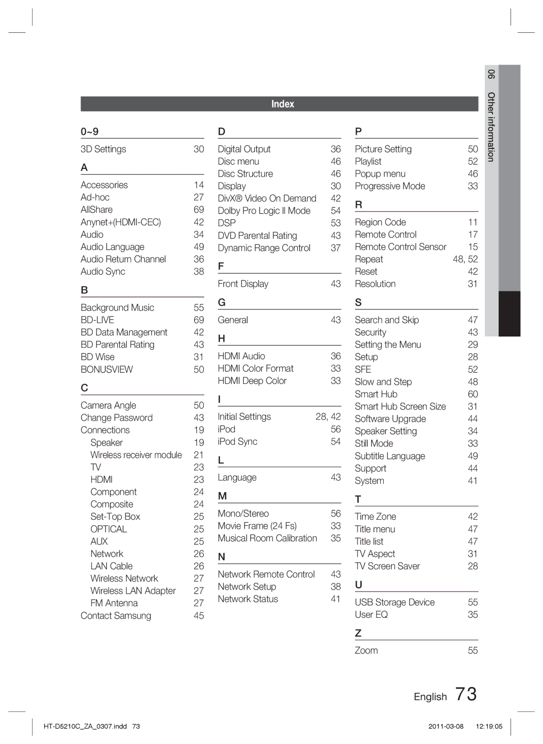 Samsung HT-D5210C user manual Index 