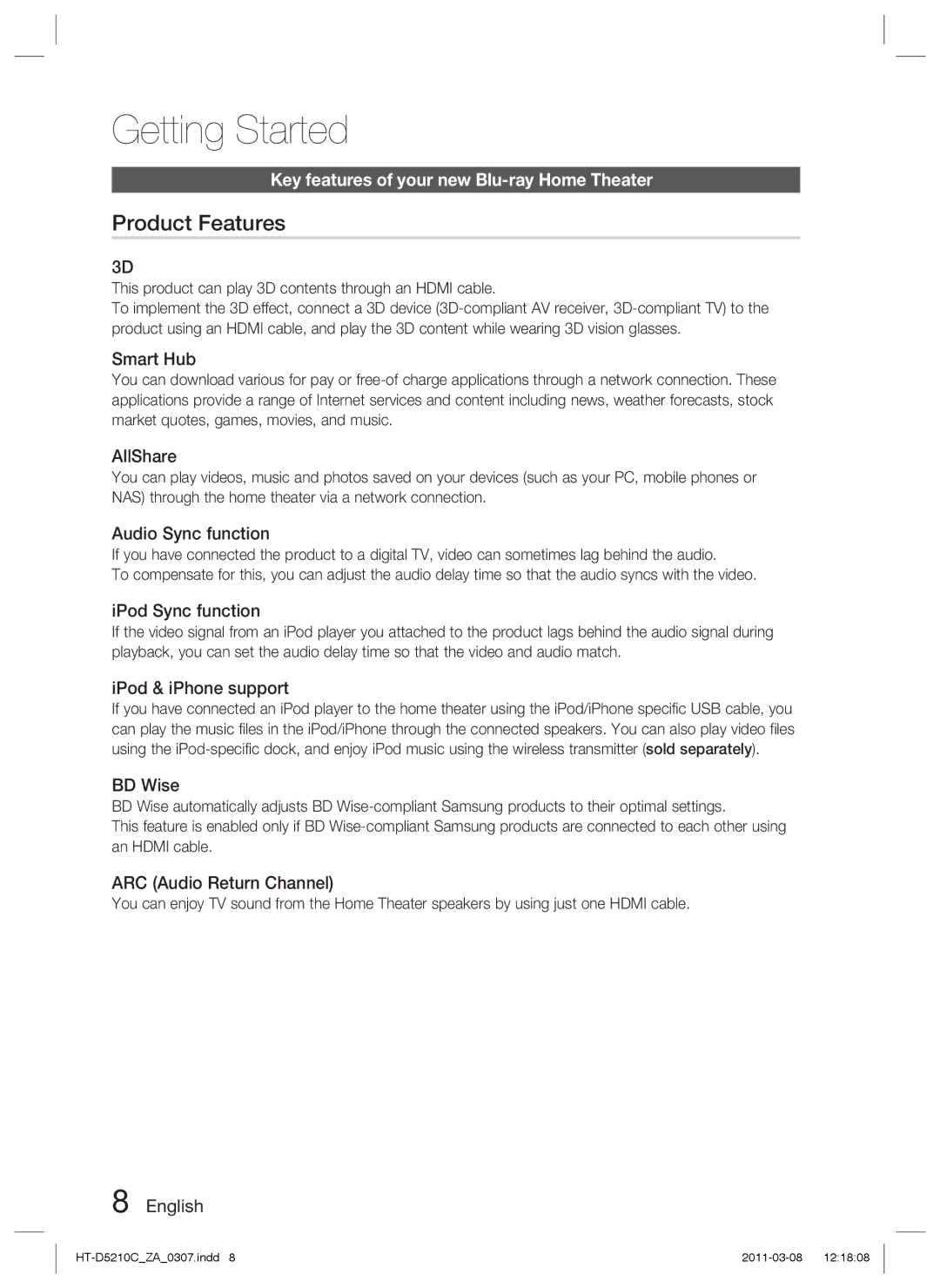 Samsung HT-D5210C user manual Getting Started, Product Features, Key features of your new Blu-ray Home Theater 