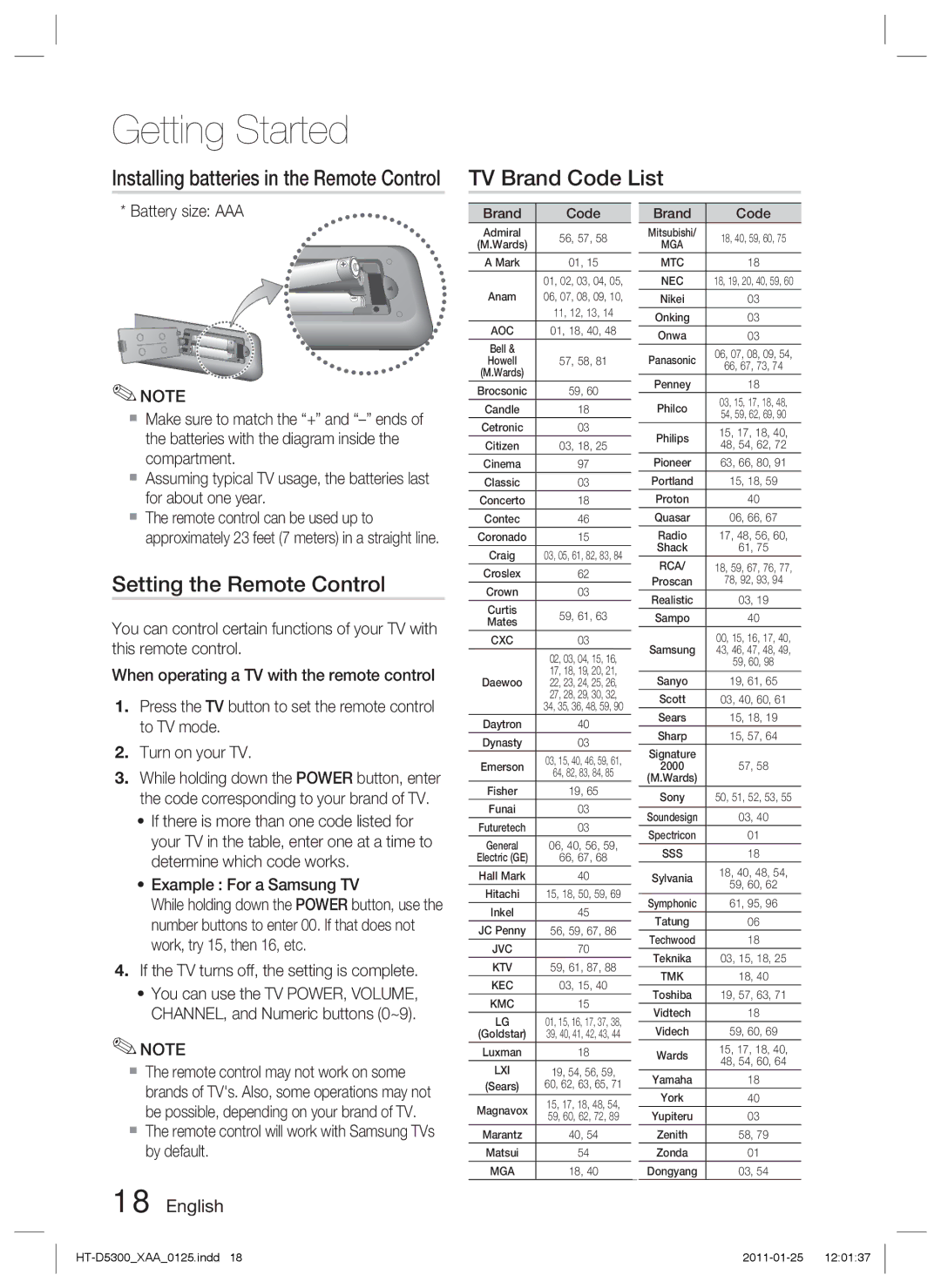 Samsung HT-D5300 user manual TV Brand Code List, Setting the Remote Control 