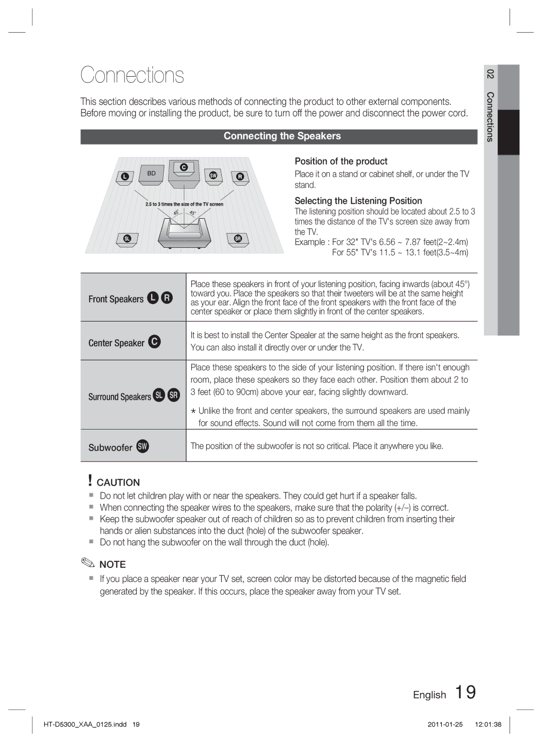 Samsung HT-D5300 user manual Connections, Connecting the Speakers 