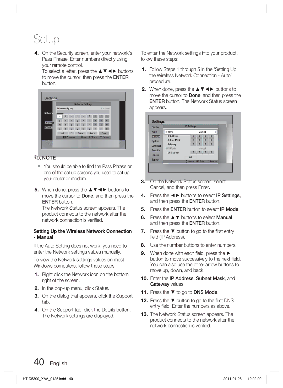 Samsung HT-D5300 user manual Setting Up the Wireless Network Connection Manual 