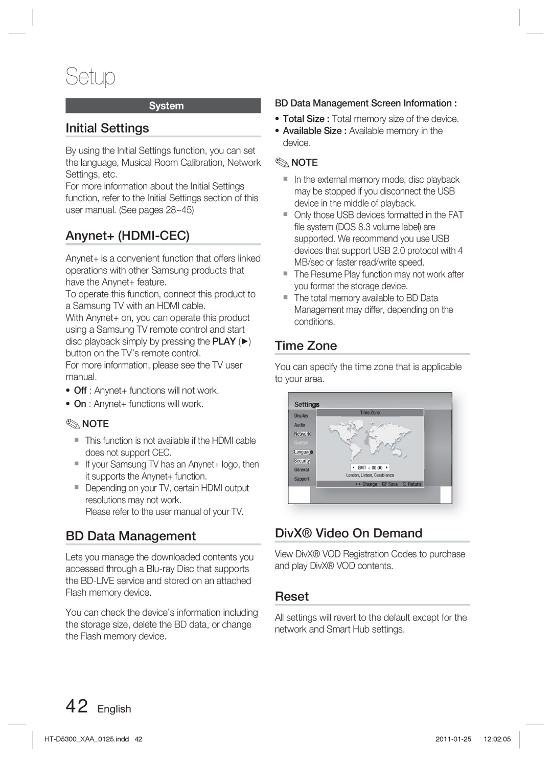 Samsung HT-D5300 user manual Initial Settings, Anynet+ HDMI-CEC, Time Zone, BD Data Management, DivX Video On Demand, Reset 