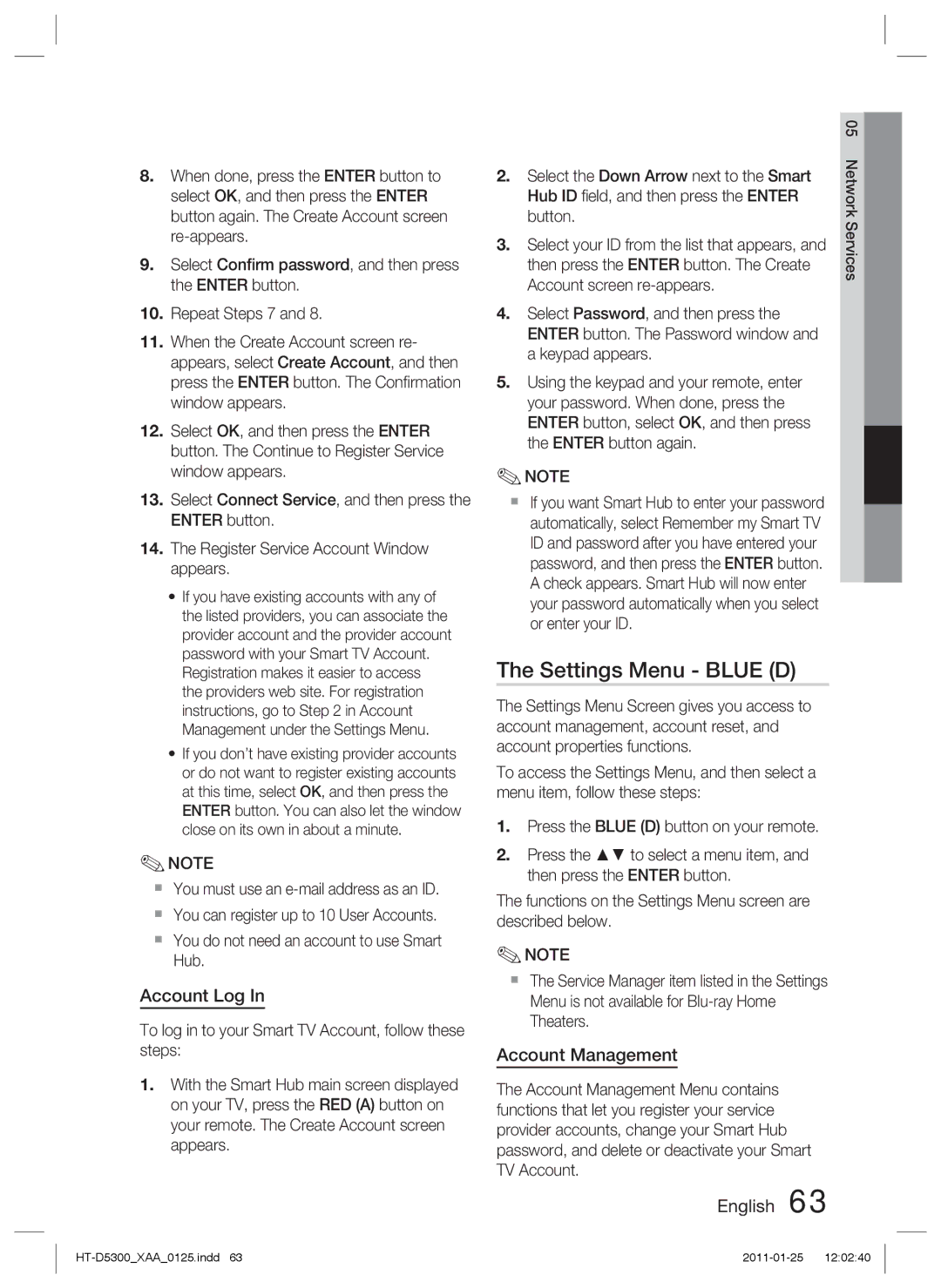 Samsung HT-D5300 user manual Settings Menu Blue D, Account Log, Account Management 