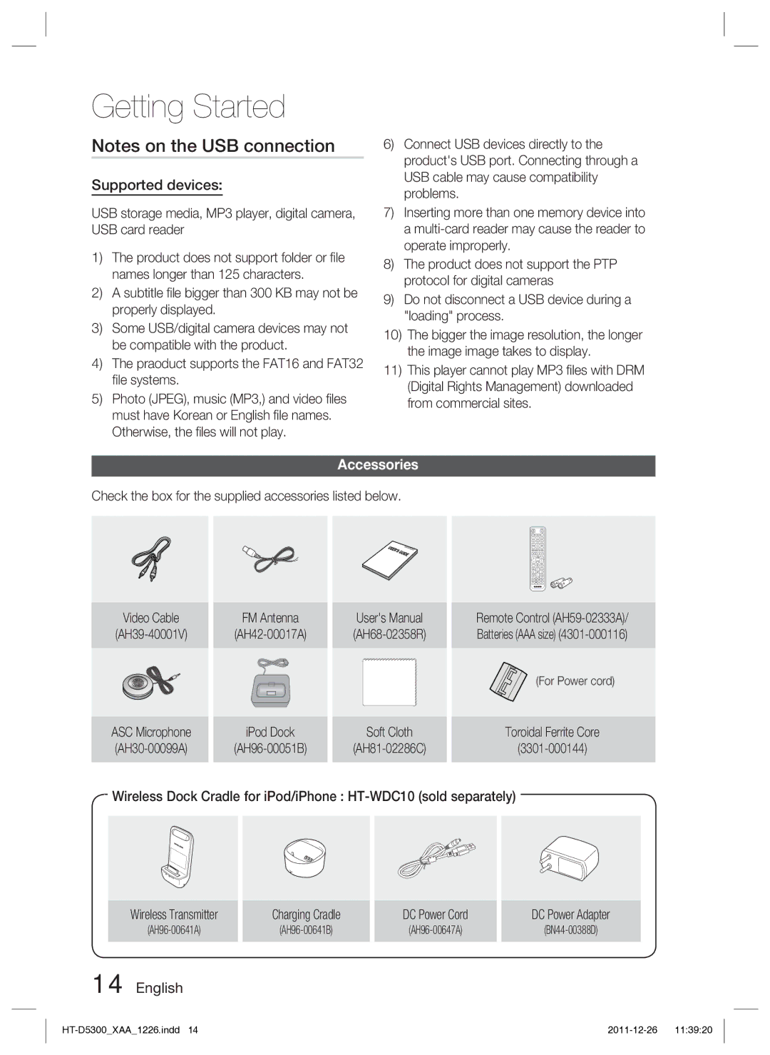 Samsung HT-D5300/ZA manual Supported devices, Accessories 