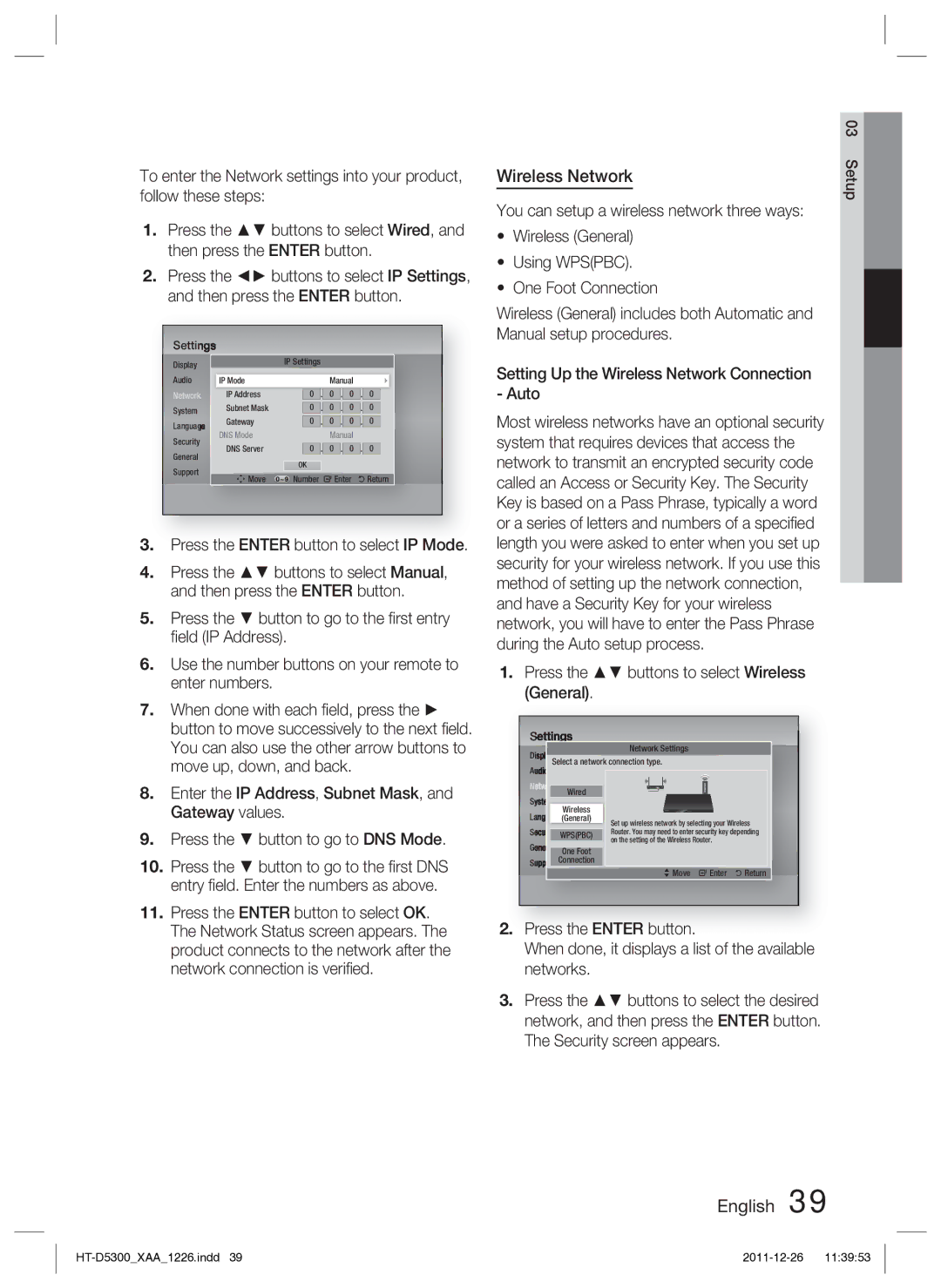 Samsung HT-D5300/ZA manual Wireless Network, Press the Enter button to select IP Mode 