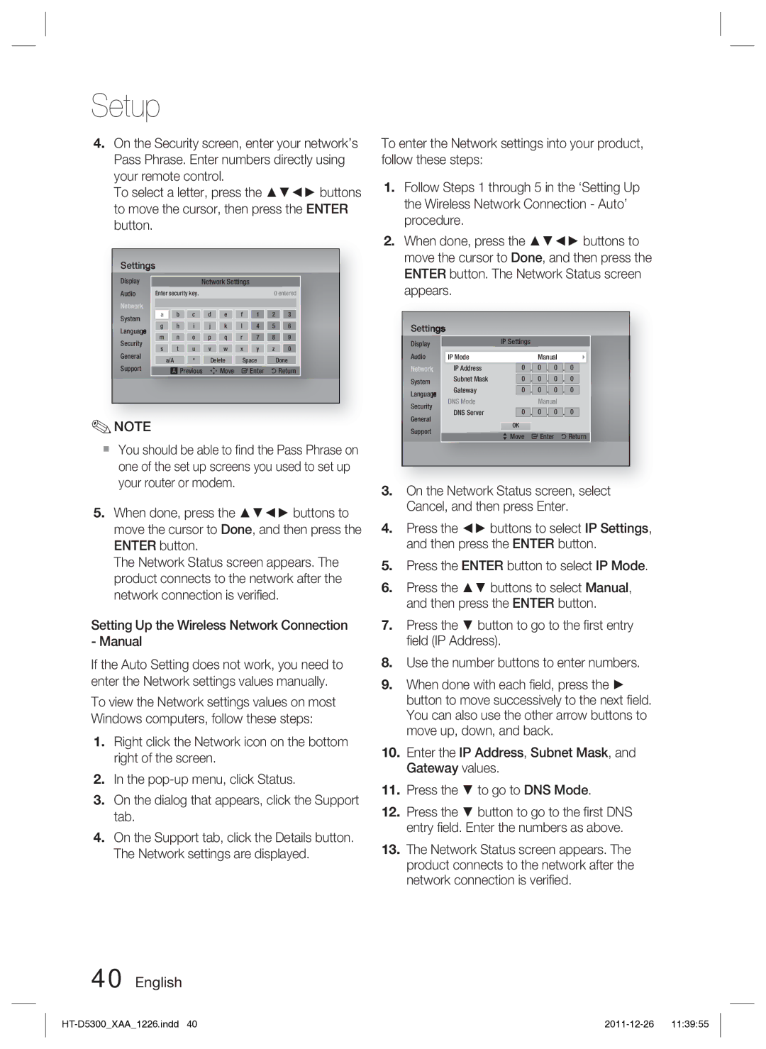 Samsung HT-D5300/ZA manual Setting Up the Wireless Network Connection Manual 