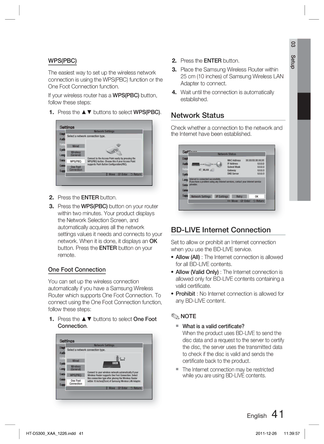 Samsung HT-D5300/ZA manual Network Status, BD-LIVE Internet Connection, One Foot Connection, Press the Enter button 