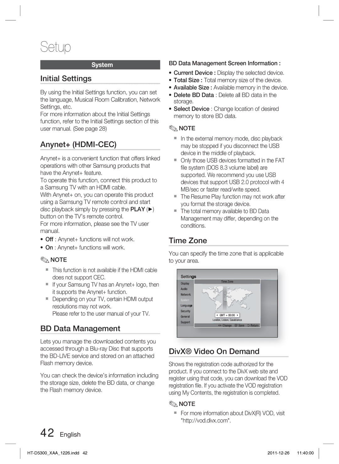 Samsung HT-D5300/ZA manual Initial Settings, Anynet+ HDMI-CEC, BD Data Management, Time Zone, DivX Video On Demand 