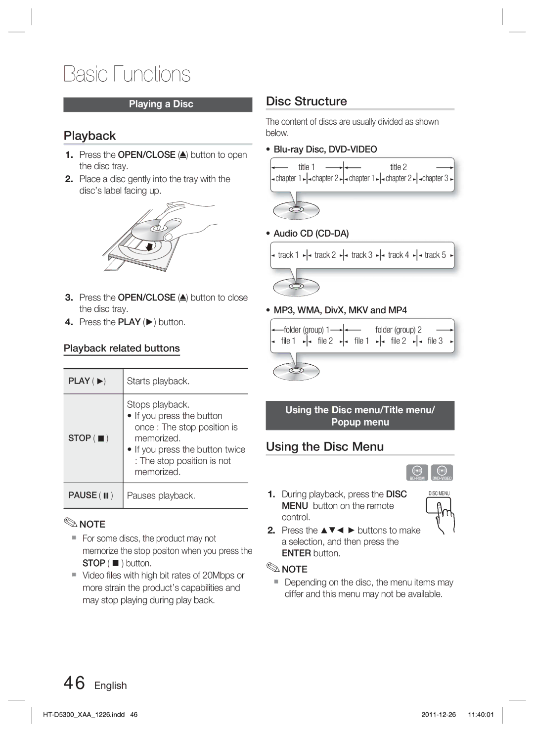 Samsung HT-D5300/ZA manual Playback, Disc Structure, Using the Disc Menu, Playing a Disc 