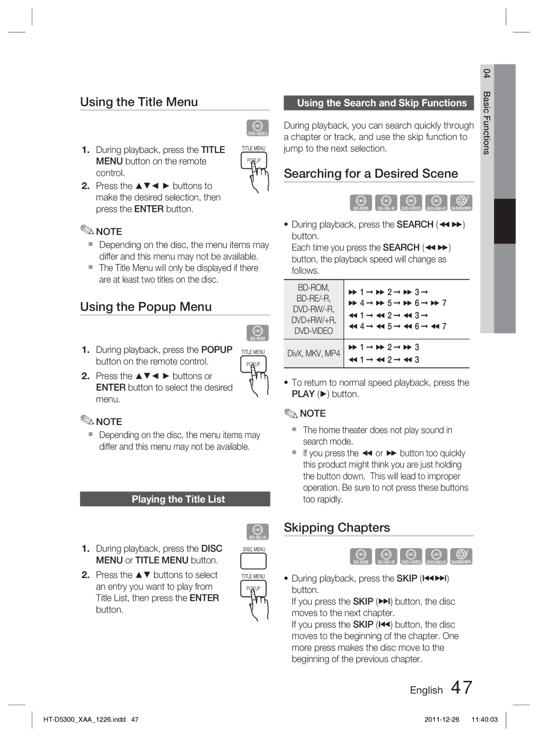 Samsung HT-D5300/ZA manual Using the Title Menu, Searching for a Desired Scene, Using the Popup Menu, Skipping Chapters 