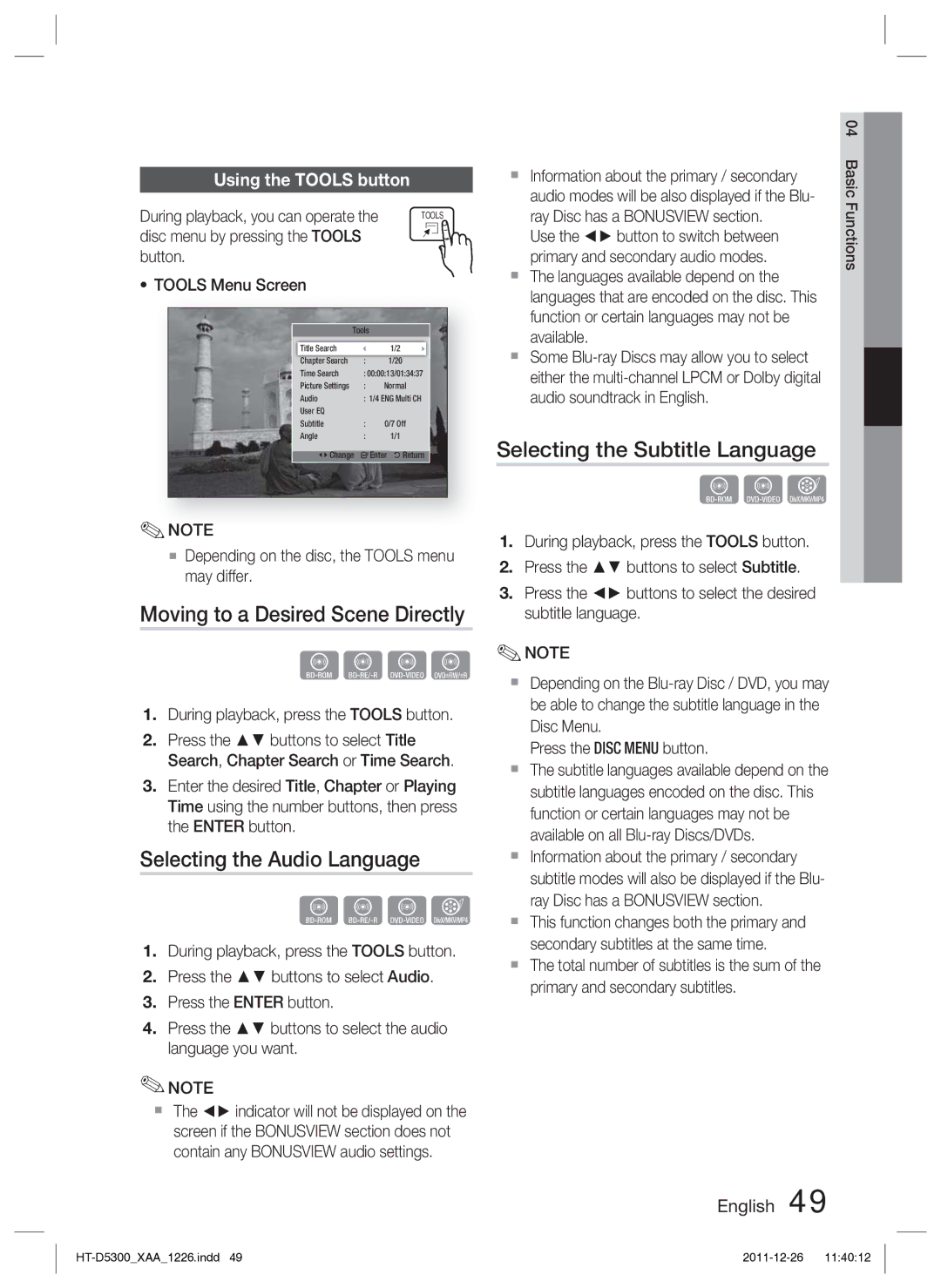 Samsung HT-D5300/ZA Moving to a Desired Scene Directly, Selecting the Audio Language, Selecting the Subtitle Language 