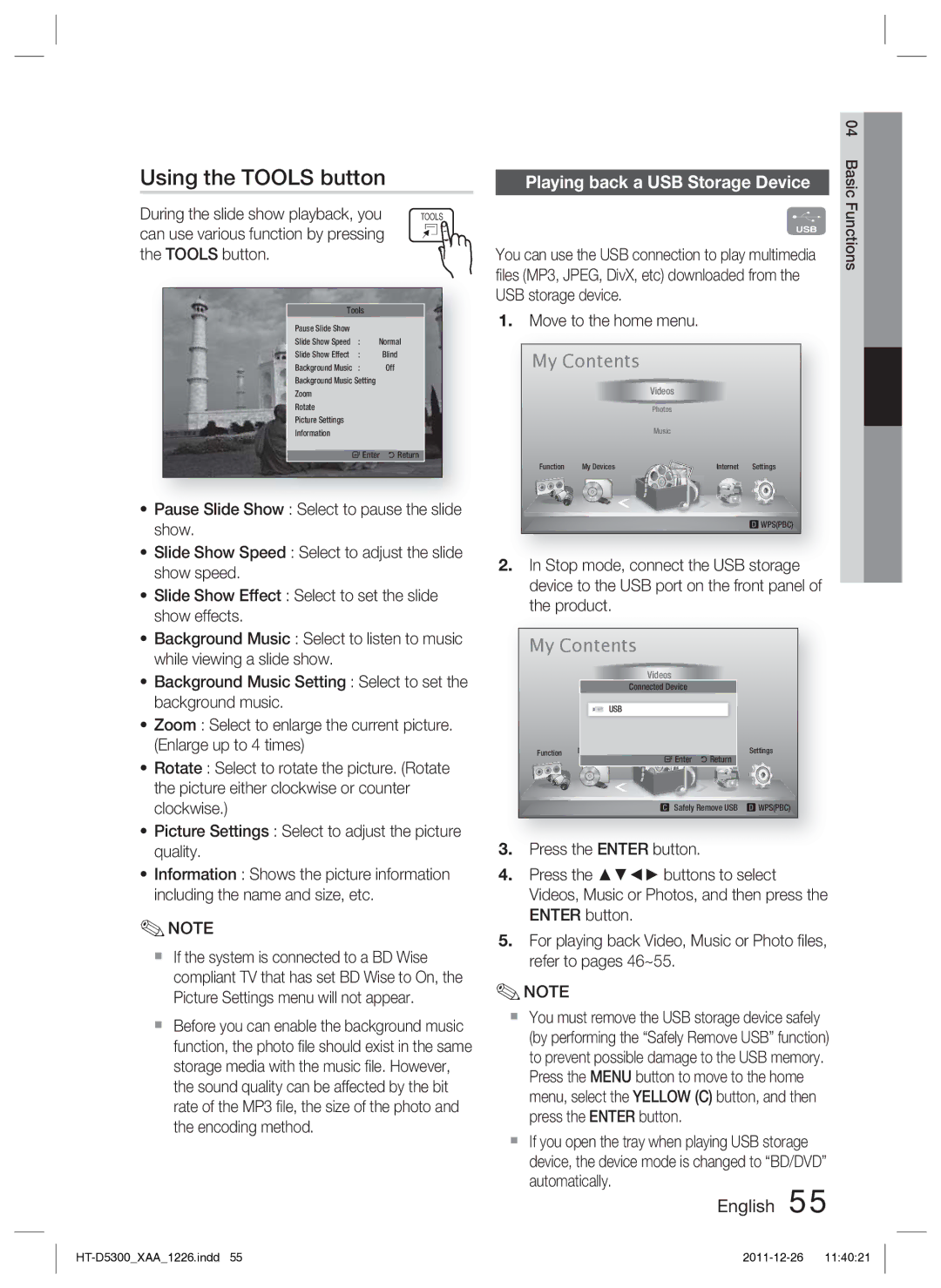 Samsung HT-D5300/ZA manual Using the Tools button, Playing back a USB Storage Device, Can use various function by pressing 