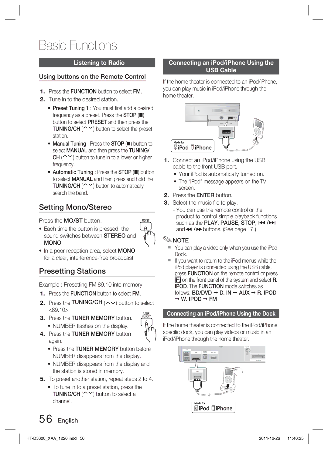 Samsung HT-D5300/ZA Setting Mono/Stereo, Presetting Stations, Listening to Radio, Connecting an iPod/iPhone Using the Dock 