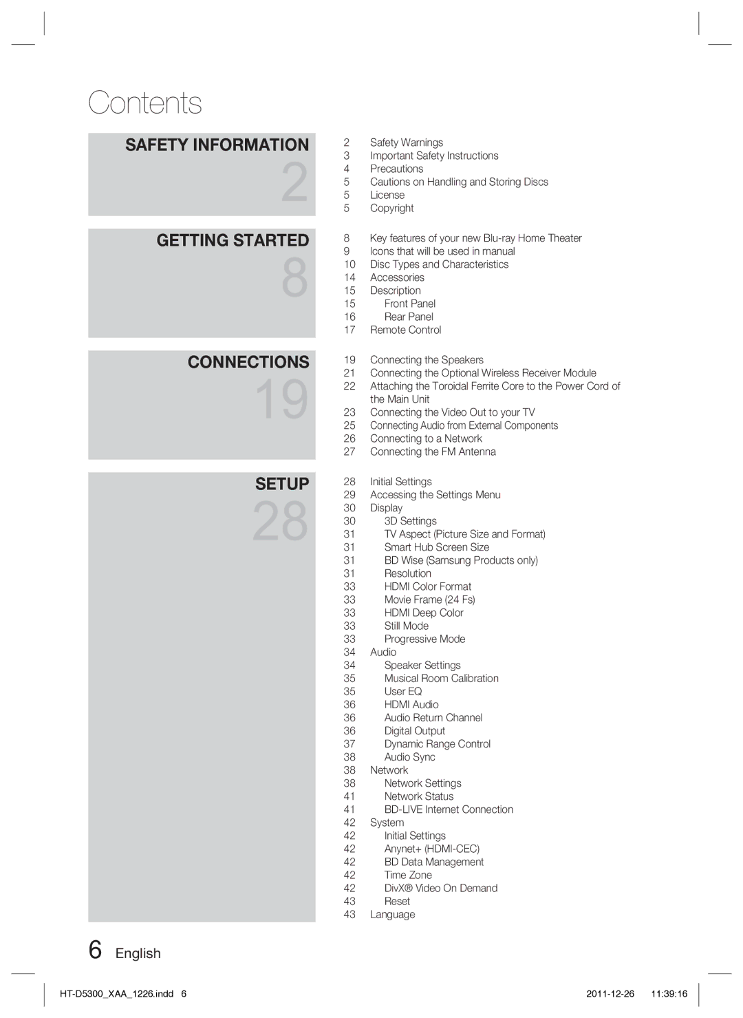 Samsung HT-D5300/ZA manual Contents 