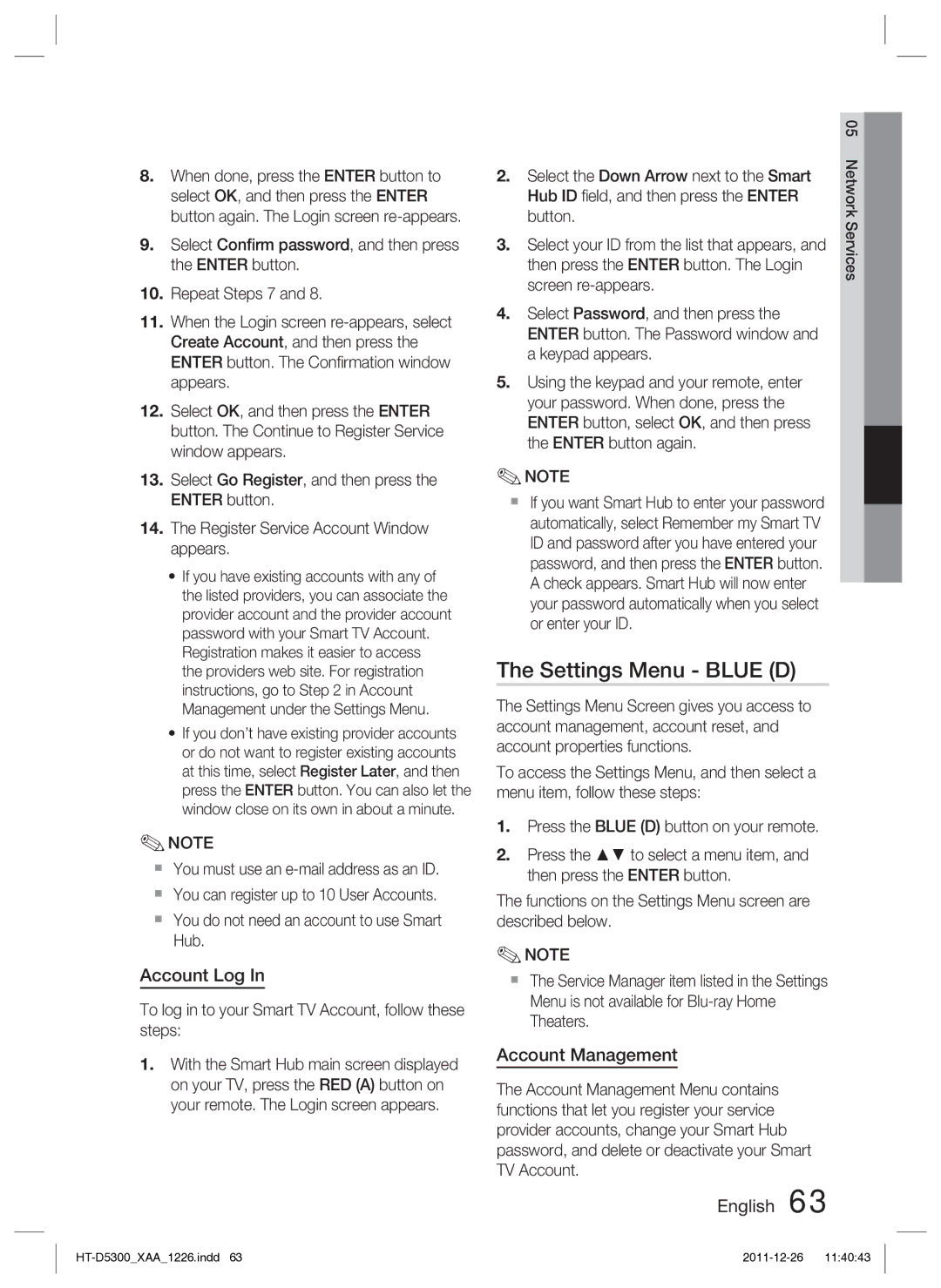 Samsung HT-D5300/ZA manual Settings Menu Blue D, Account Log, Account Management 