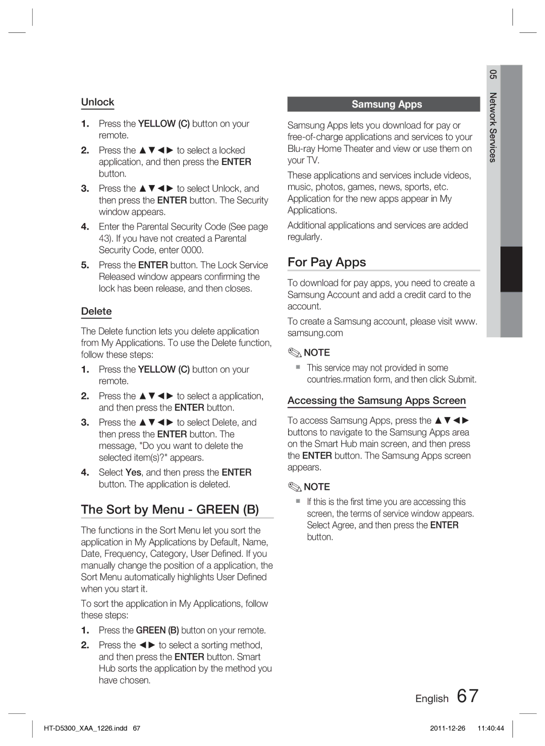 Samsung HT-D5300/ZA manual Sort by Menu Green B, For Pay Apps, Samsung Apps 