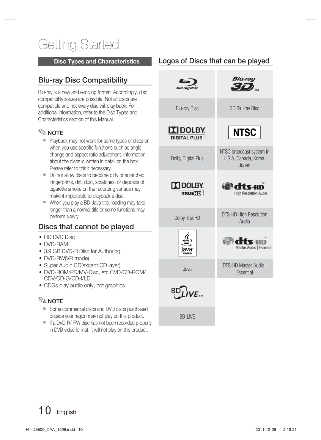 Samsung HT-D5500/ZA Discs that cannot be played, HD DVD Disc, Dvd-Ram, Blu-ray Disc Dolby Digital Plus Dolby TrueHD Java 