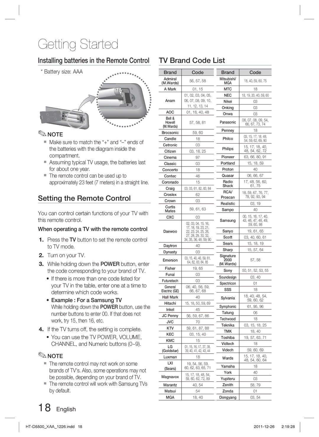 Samsung HT-D5500/XN, HT-D5500/ZA, HT-D5500/EN manual TV Brand Code List, Setting the Remote Control 