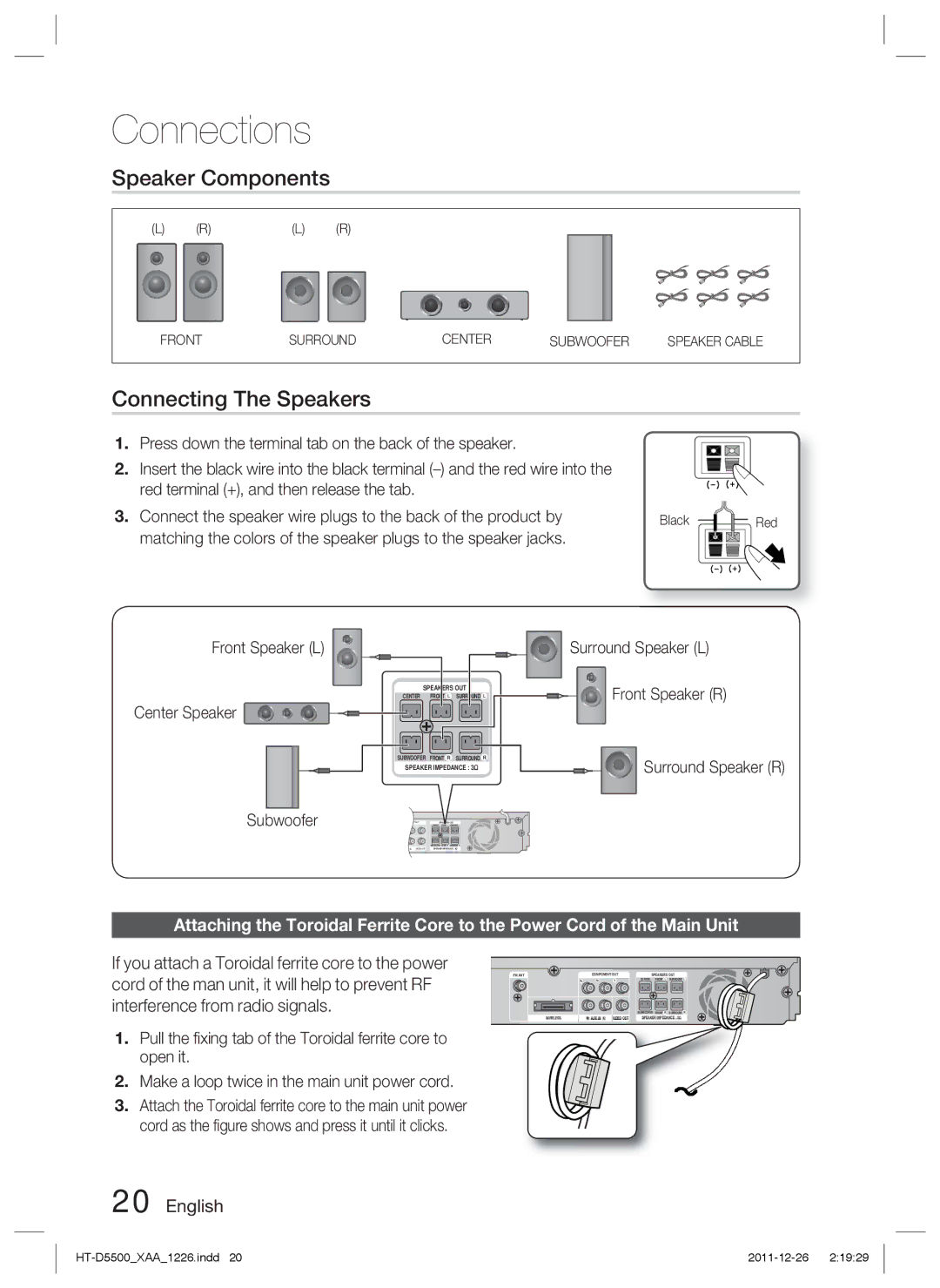 Samsung HT-D5500/EN, HT-D5500/XN, HT-D5500/ZA Speaker Components, Connecting The Speakers, Front Speaker L, Center Speaker 