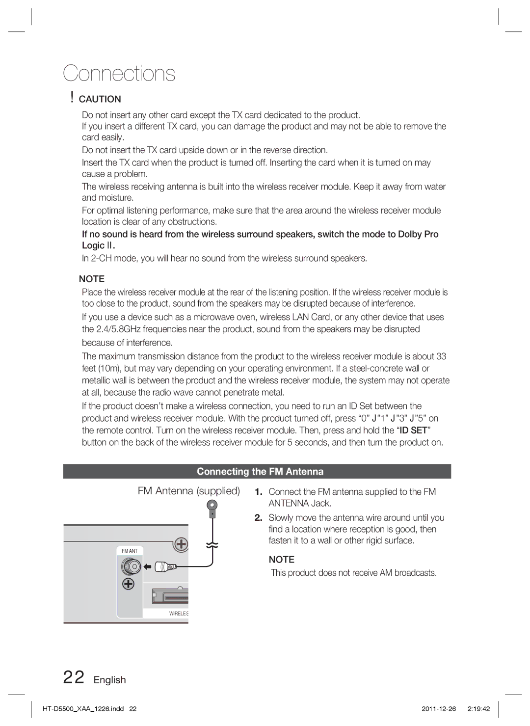 Samsung HT-D5500/ZA, HT-D5500/XN, HT-D5500/EN manual FM Antenna supplied, Connecting the FM Antenna 