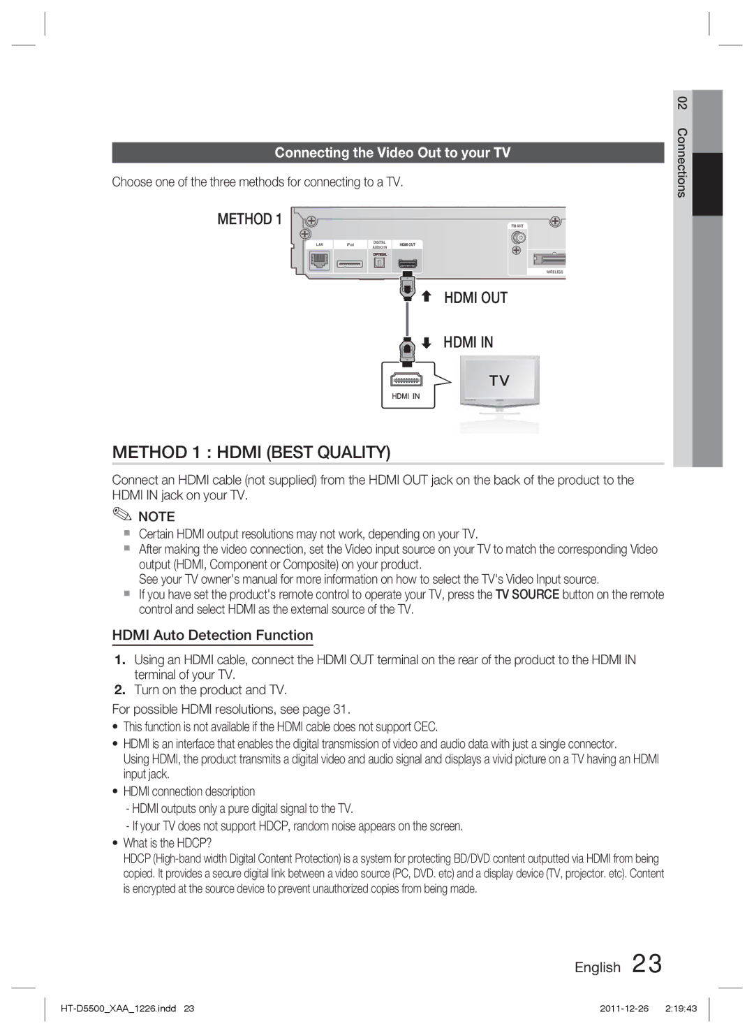 Samsung HT-D5500/EN, HT-D5500/XN, HT-D5500/ZA manual Connecting the Video Out to your TV, Hdmi Auto Detection Function 