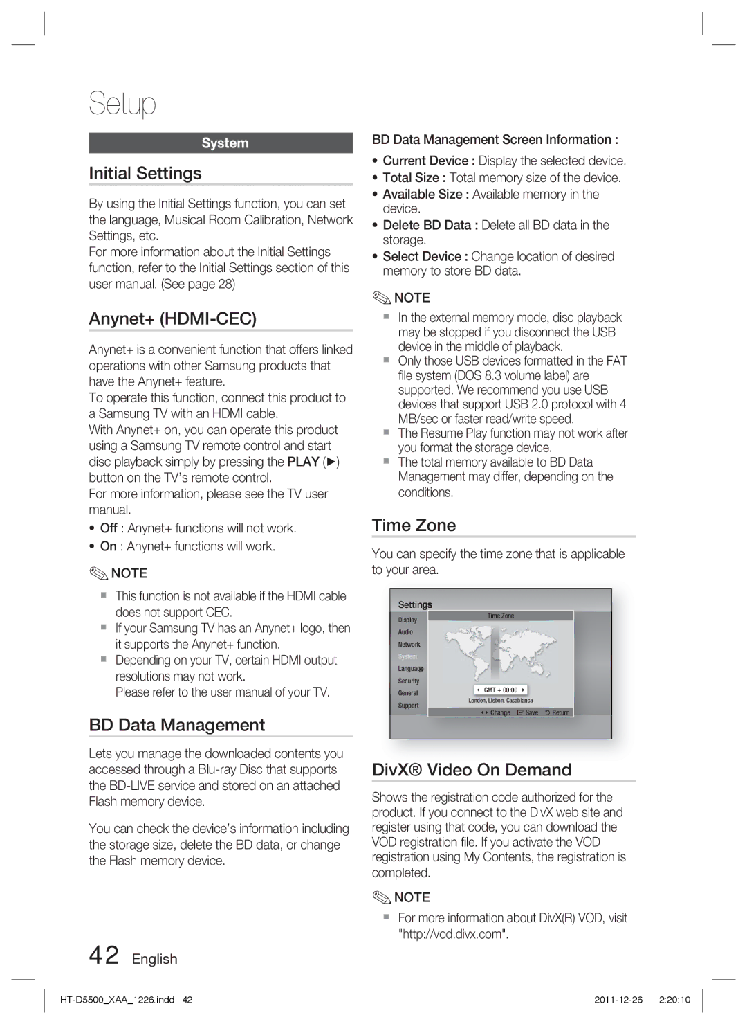 Samsung HT-D5500/XN, HT-D5500/ZA Initial Settings, Anynet+ HDMI-CEC, BD Data Management, Time Zone, DivX Video On Demand 