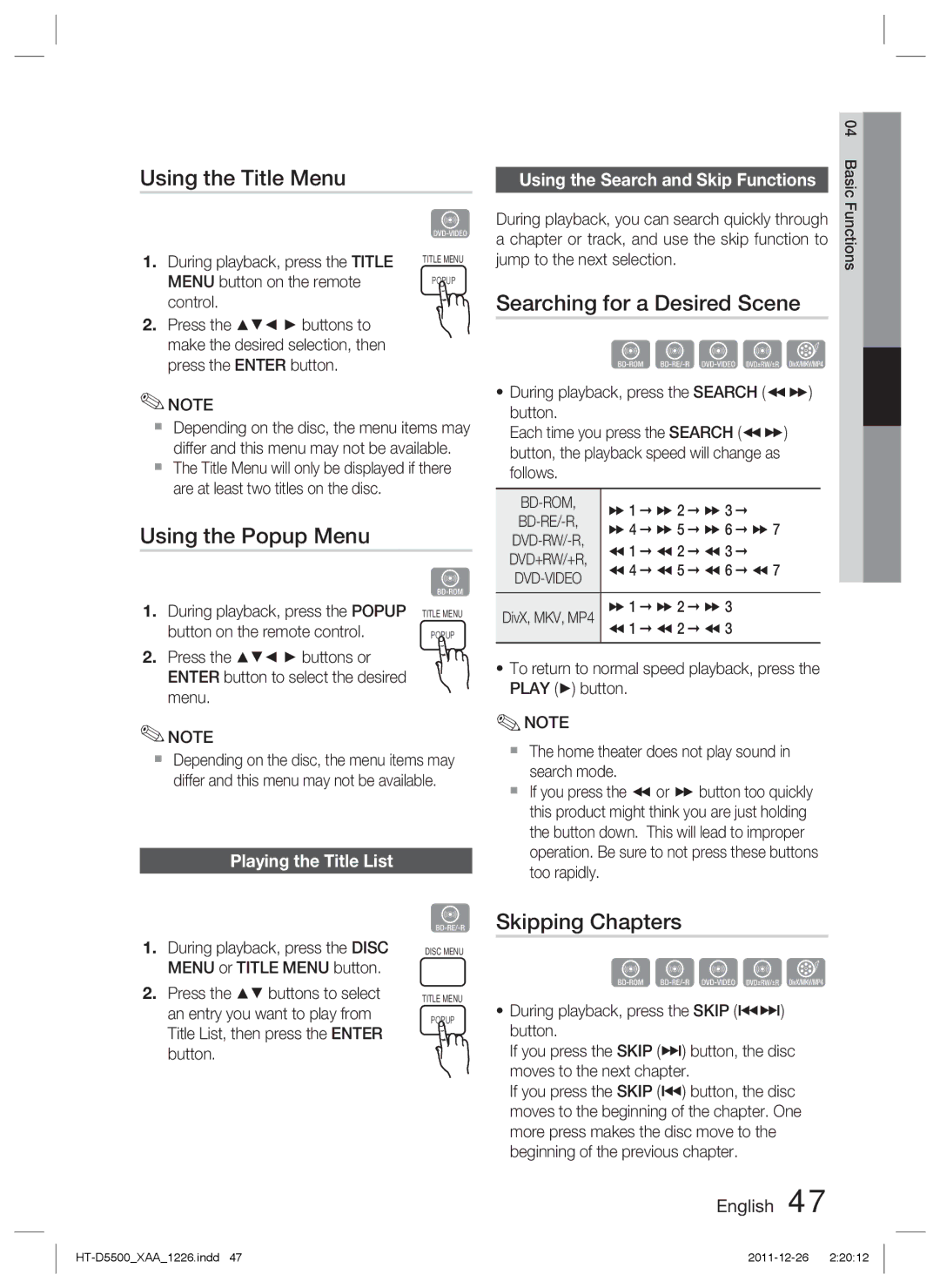 Samsung HT-D5500/EN manual Using the Title Menu, Searching for a Desired Scene, Using the Popup Menu, Skipping Chapters 