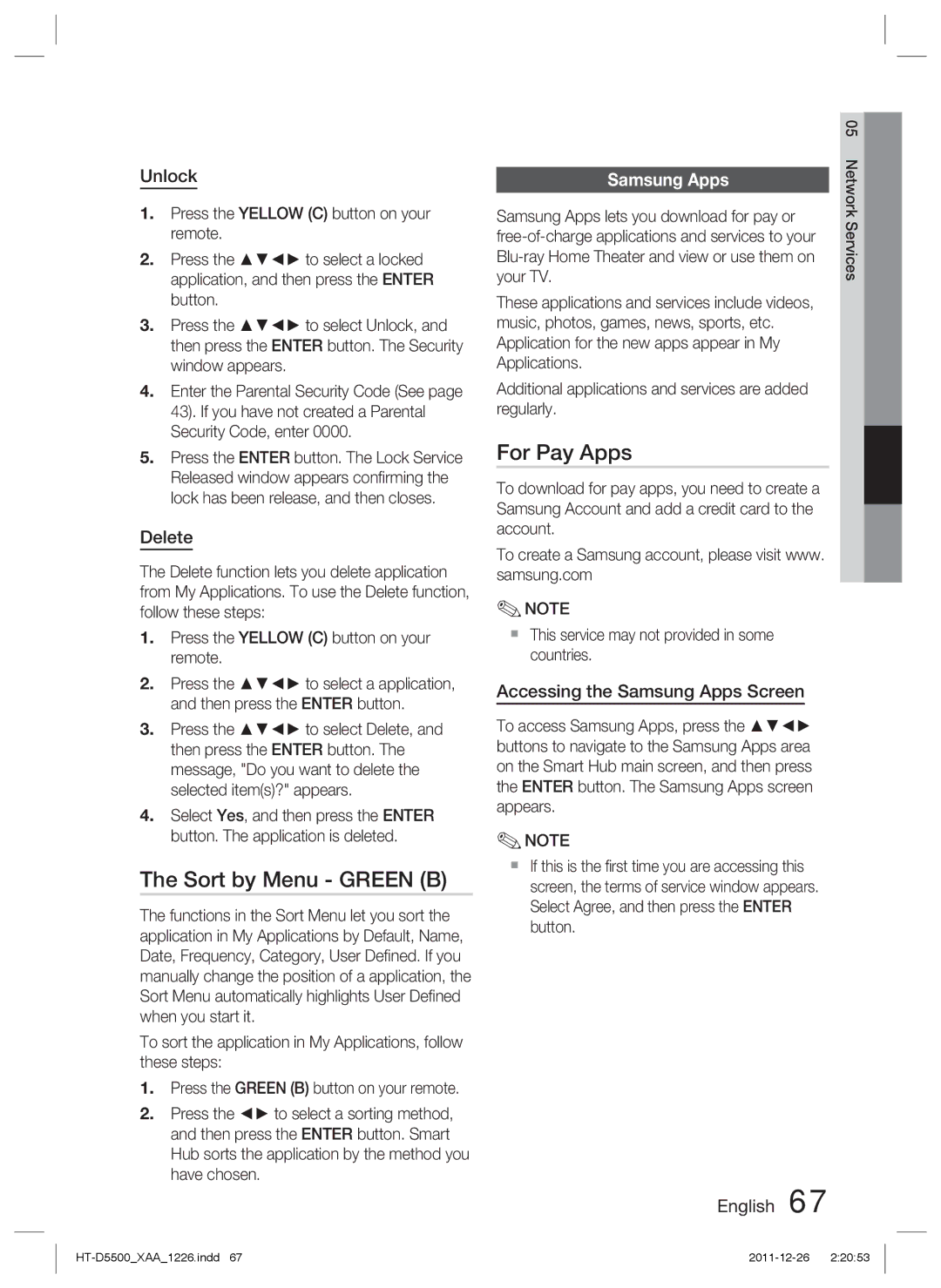 Samsung HT-D5500/ZA, HT-D5500/XN, HT-D5500/EN manual Sort by Menu Green B, For Pay Apps, Samsung Apps 