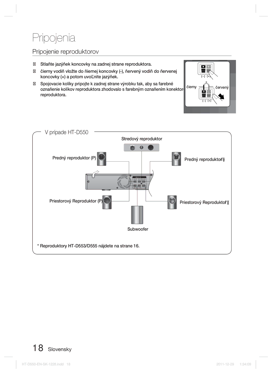 Samsung HT-D550/XE, HT-D550/EN, HT-D555/EN manual Pripojenie reproduktorov, Prípade HT-D550, Čierny, Červený 