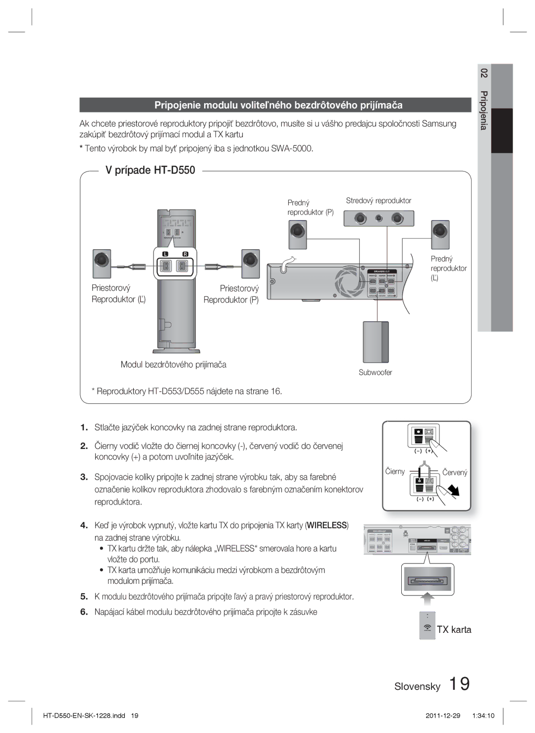 Samsung HT-D550/EN manual Pripojenie modulu volite, Modul bezdrôtového prijímača, Reproduktor P Predný, Čierny Červený 