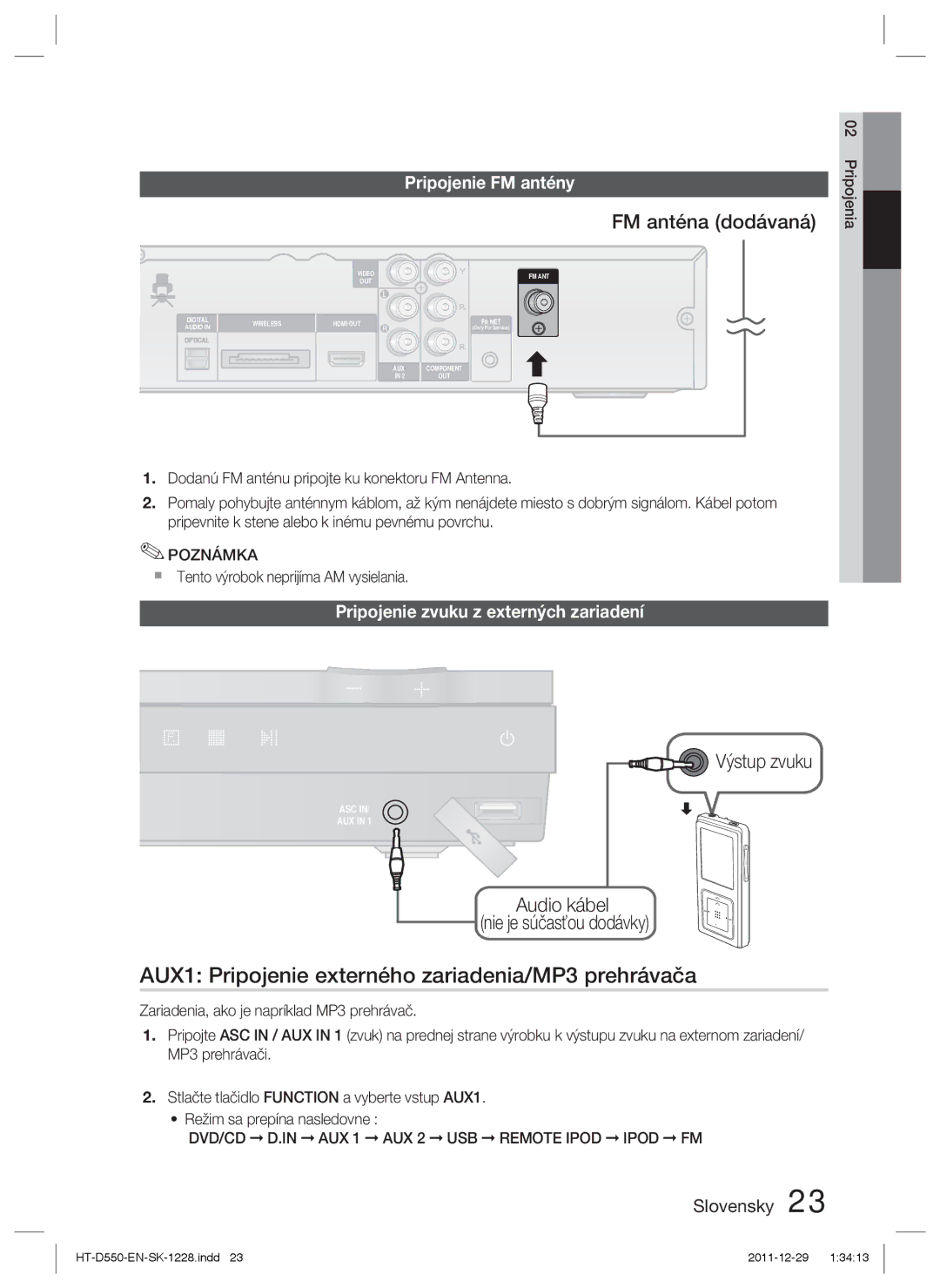 Samsung HT-D555/EN manual AUX1 Pripojenie externého zariadenia/MP3 prehrávača, FM anténa dodávaná, Pripojenie FM antény 