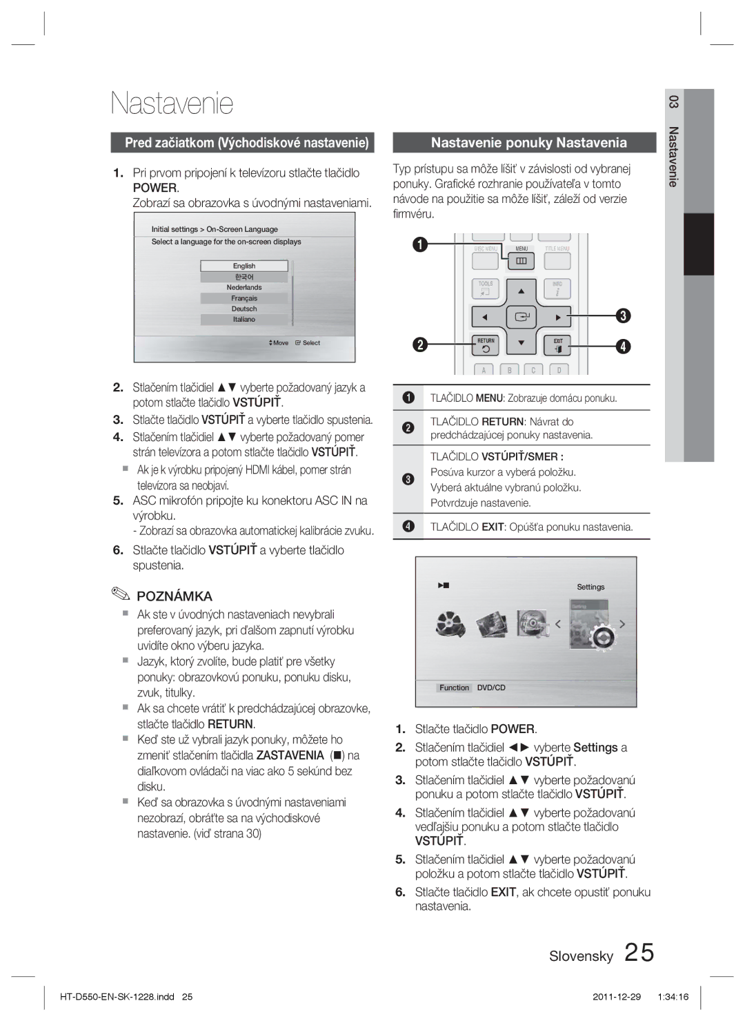 Samsung HT-D550/EN, HT-D555/EN, HT-D550/XE manual Nastavenie, Power, Vstúpiť 