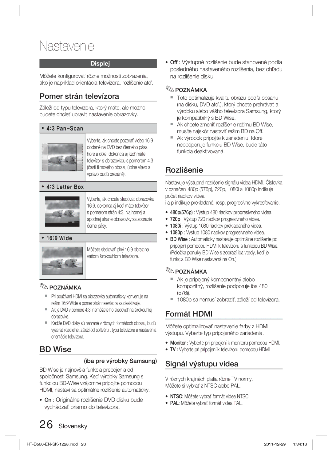 Samsung HT-D555/EN, HT-D550/EN, HT-D550/XE Pomer strán televízora, Rozlíšenie, Formát Hdmi, Signál výstupu videa, Displej 