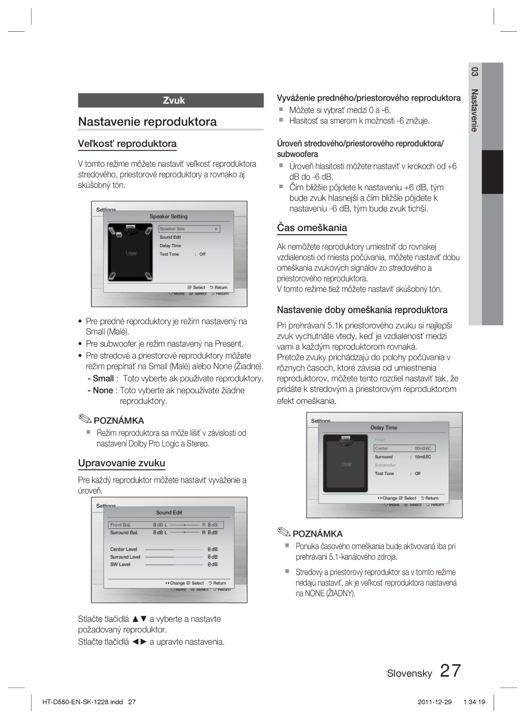 Samsung HT-D550/XE, HT-D550/EN, HT-D555/EN manual Nastavenie reproduktora, Zvuk 