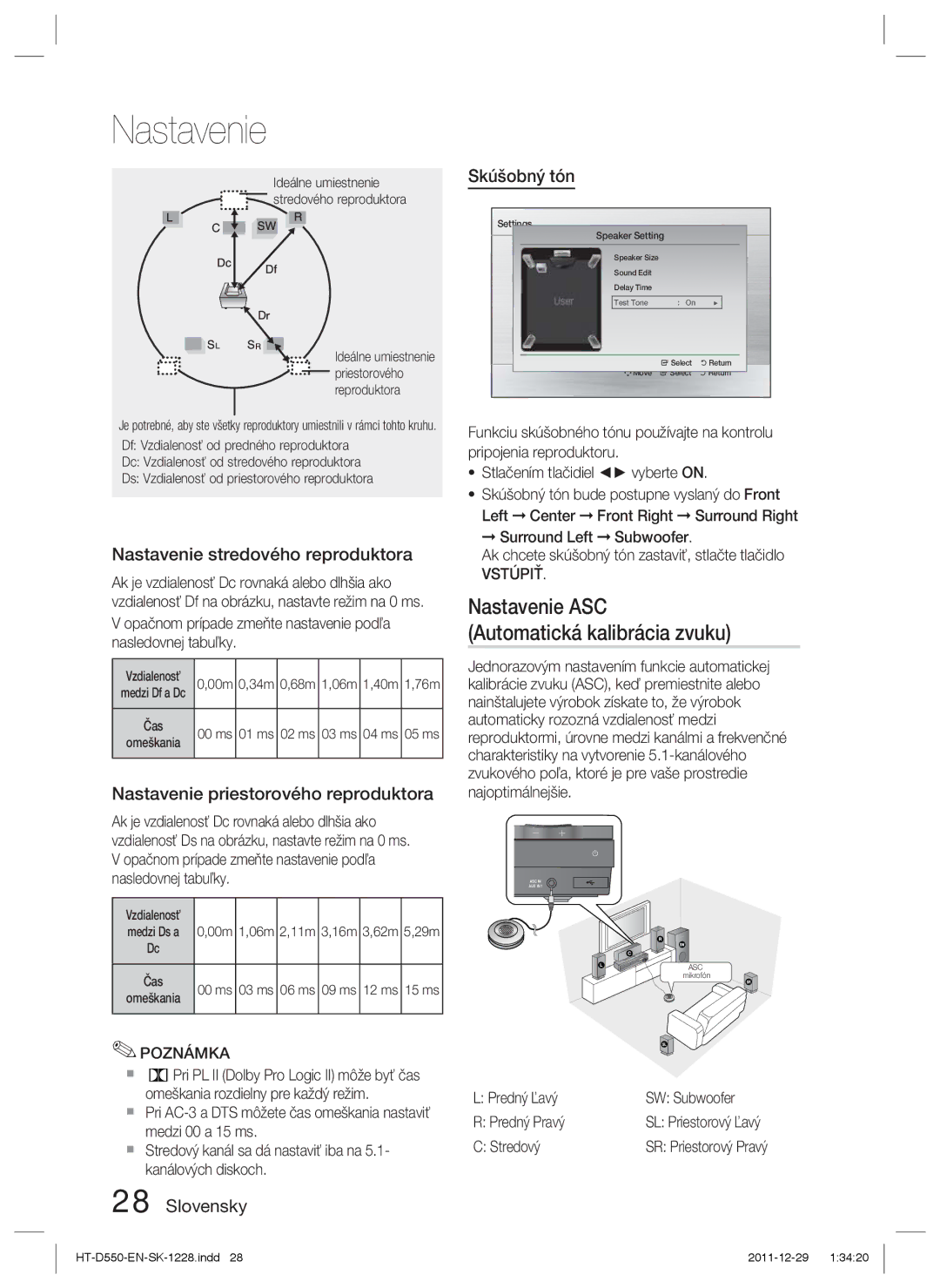 Samsung HT-D550/EN manual Nastavenie ASC, Automatická kalibrácia zvuku, Skúšobný tón, Nastavenie stredového reproduktora 